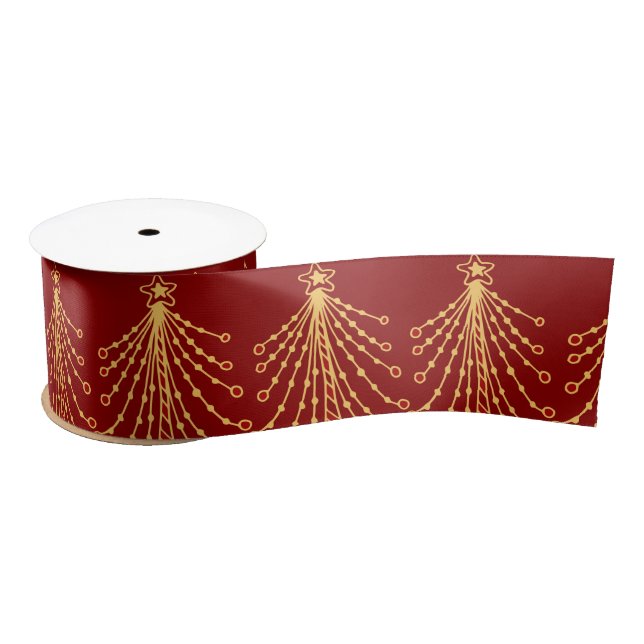 Elegant Red & Gold Christmas Tree Lights Pattern Satin Ribbon (Spool)