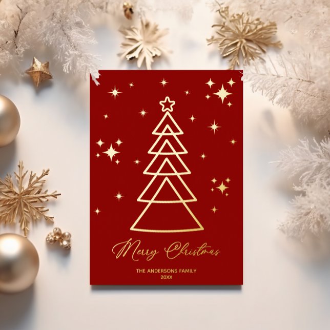 Elegant Red Gold Christmas Tree Photo Foil Holiday Card (Creator Uploaded)