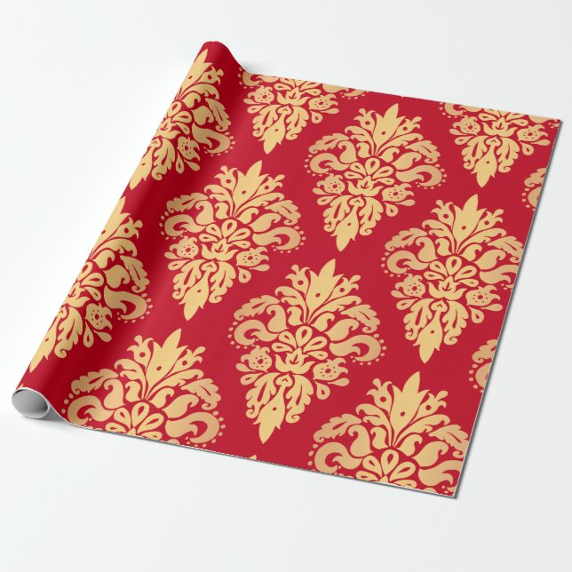 Elegant Red Gold Classic Damask Christmas Pattern Wrapping Paper (Unrolled)