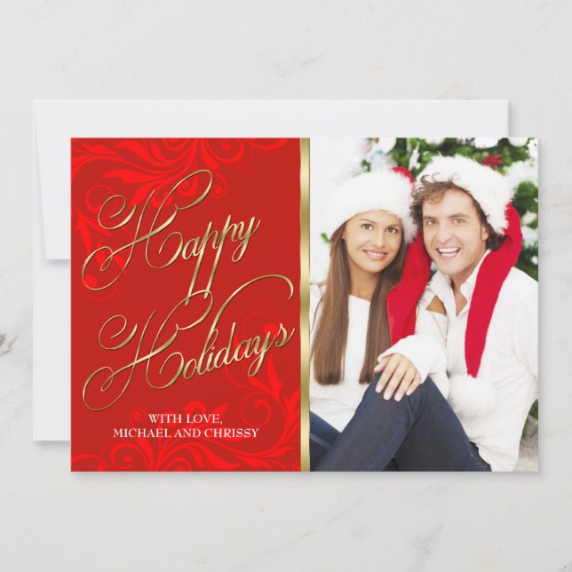 Elegant Red Gold Damask Christmas Photo Card (Front)
