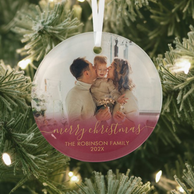 Elegant Red Gold Family Photo Merry Christmas Glass Ornament (Insitu)