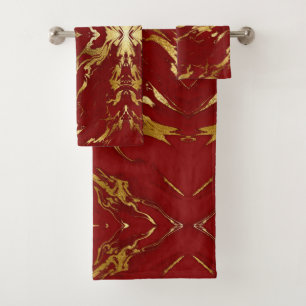 Elegant Red Gold Faux Marble Bath Towel Set