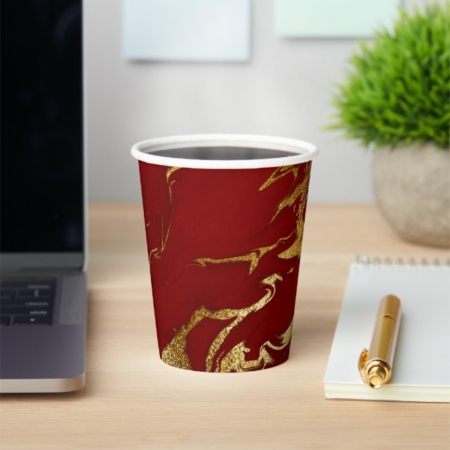 Elegant Red Gold Faux Marble Christmas Paper Cups (Insitu)