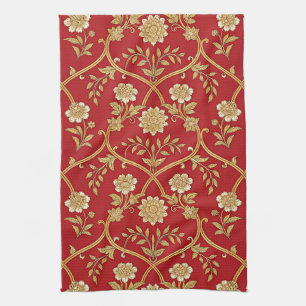 Elegant Red Gold Floral Lattice Kitchen Towel