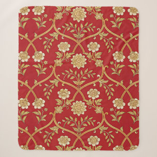 Elegant Red Gold Floral Lattice Sherpa Blanket