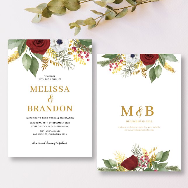 Elegant Red & Gold Floral Monogram Wedding Invitation (Creator Uploaded)
