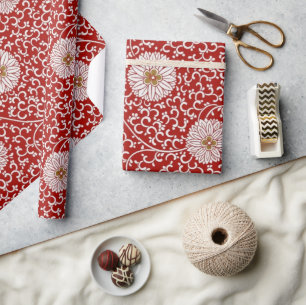 Elegant Red Gold Floral Pattern Wrapping Paper