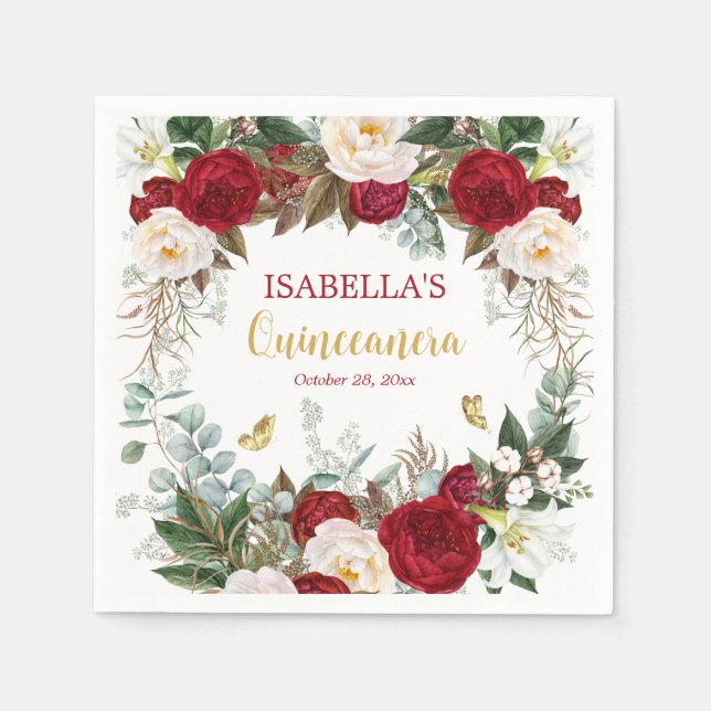 Elegant Red Gold Floral Quinceañera Party Napkin (Front)