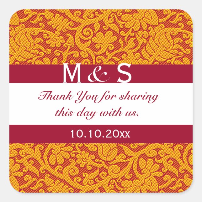 Elegant Red Gold Floral Wedding Monogram Thank You Square Sticker (Front)