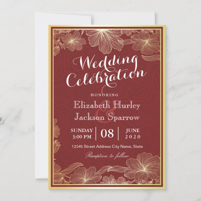 Elegant Red Gold Floral Wedding Shower invitations (Front)