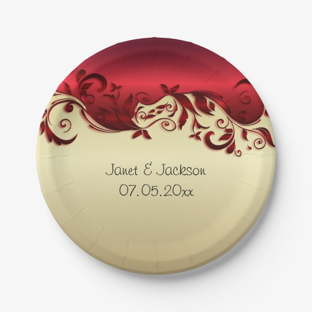 Elegant Red & Gold Florid Wedding Design Paper Plate (Front)