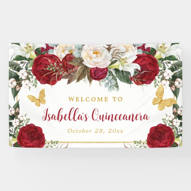 Elegant Red Gold Flowers Butterflies Quinceañera Banner (Horizontal)