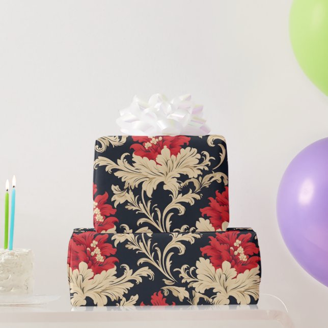 Elegant Red Gold Flowers Wrapping Paper (Party Gifts)