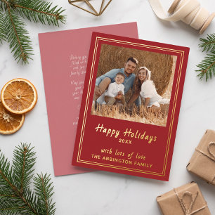 Elegant Red Gold Foil Happy Holidays Family Photo  Holiday Card