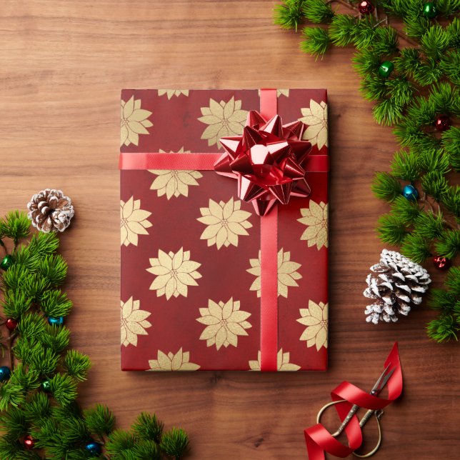 Elegant red gold foil poinsettias pattern holiday wrapping paper (Holiday Gift)