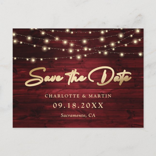 Elegant Red Gold Foil Wood Wedding Save The Date Announcement Postcard (Front)