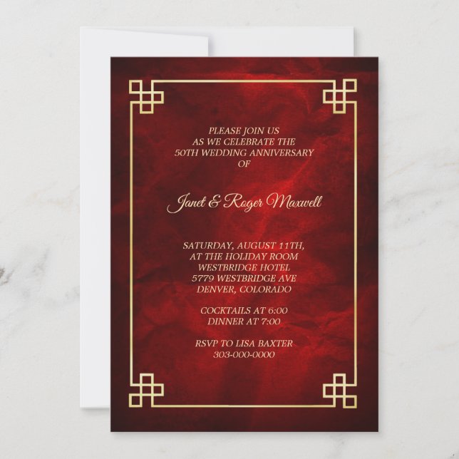 Elegant Red Gold Frame 50th Anniversary Invitation (Front)