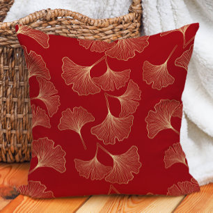 Elegant Red Gold Ginko Leaves  Throw Pillow