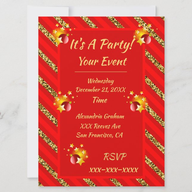 Elegant Red & Gold Glitter Stripes Christmas Party Invitation (Front)