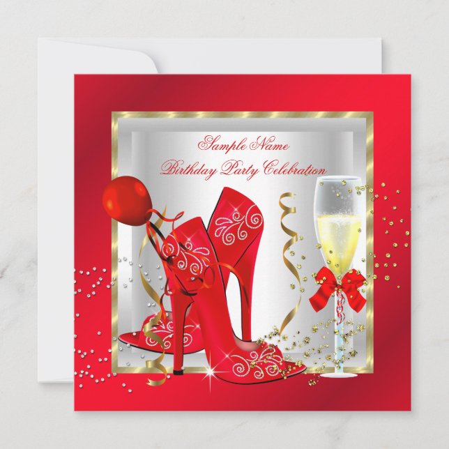 Elegant Red Gold Glitter White Birthday Party Invitation (Front)
