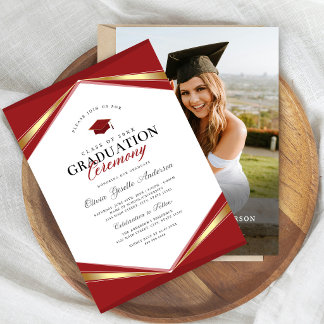 Elegant Red & Gold Graduation Photo Invitation