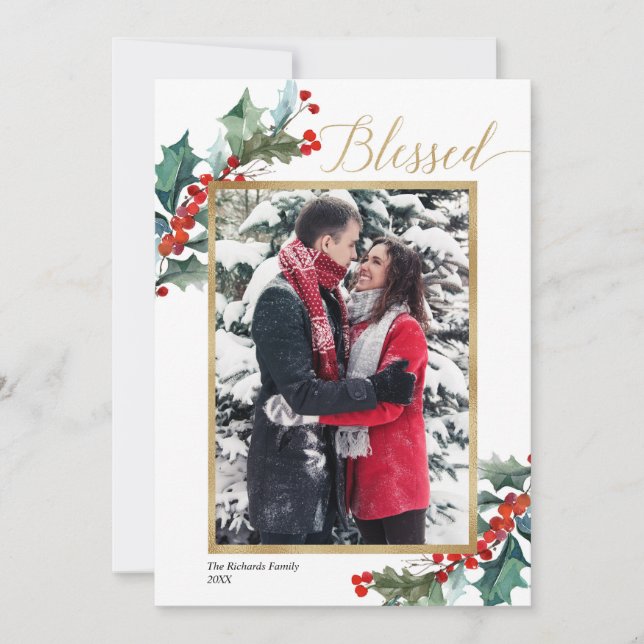Elegant red gold greenery Blessed Christmas card (Front)