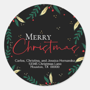 Elegant Red Gold Greenery on Black Merry Christmas Classic Round Sticker