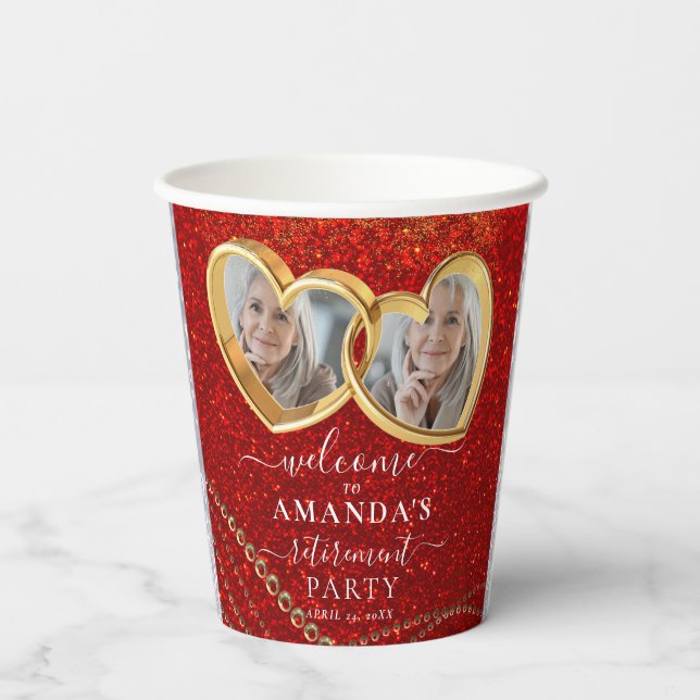 Elegant Red Gold Hearts Custom Photo Retirement Paper Cups (Back)
