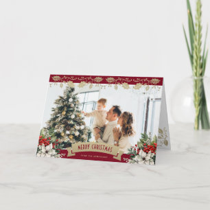 Elegant Red Gold Holly Poinsettia Photo Christmas Holiday Card
