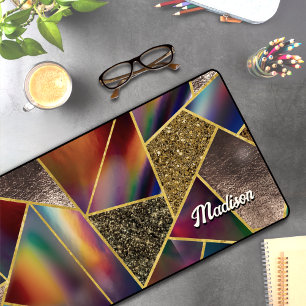 Elegant red gold holographic geometric desk mat