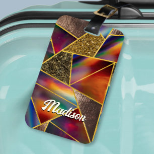 Elegant red gold holographic geometric luggage tag