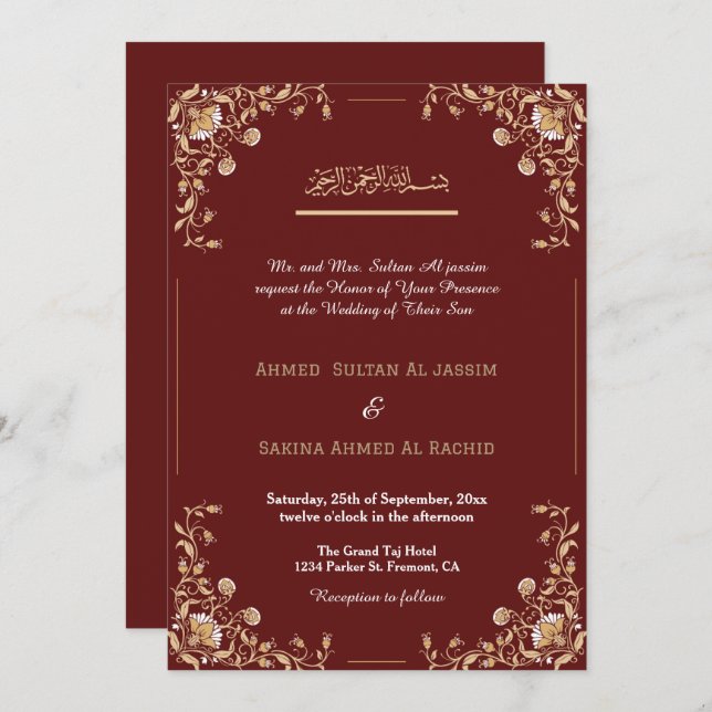 Elegant Red Gold Islamic Muslim Wedding qr code Invitation (Front/Back)