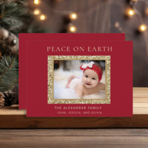 Elegant Red Gold Joy Christmas Photo Peace Earth  Holiday Card