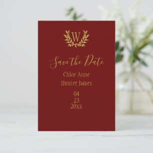 Elegant Red Gold Leaf Monogram Minimalistic Save The Date