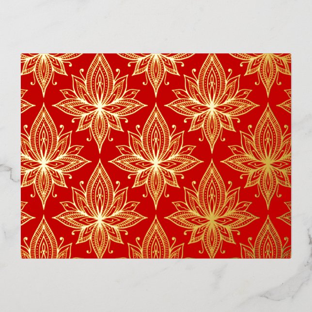 Elegant Red Gold Lotus Flower Foil Holiday Postcard (Front)
