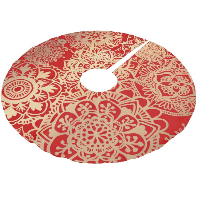 Elegant Red Gold Mandala Pattern Brushed Polyester Tree Skirt (Angled)