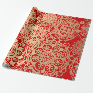 Elegant Red Gold Mandala Pattern Wrapping Paper