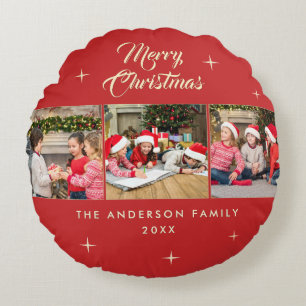 Elegant Red Gold Merry Christmas 3 Photo Collage Round Pillow