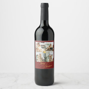 Elegant Red & Gold Merry Christmas Family Photo - Wine Label