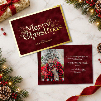 Elegant Red & Gold Merry Christmas Lettering Photo Foil Holiday Card