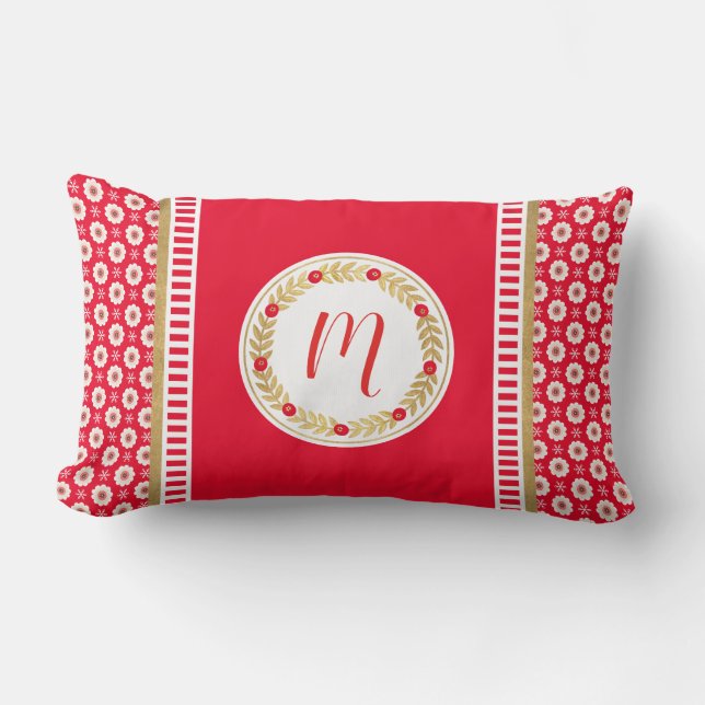 Elegant Red Gold Monogram Lumbar Pillow (Front)