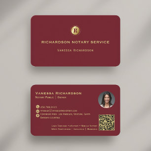Elegant Red Gold Monogram QR Code Photo Notary Business Card