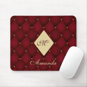Elegant Red Gold Monogram Tufted Mouse Pad
