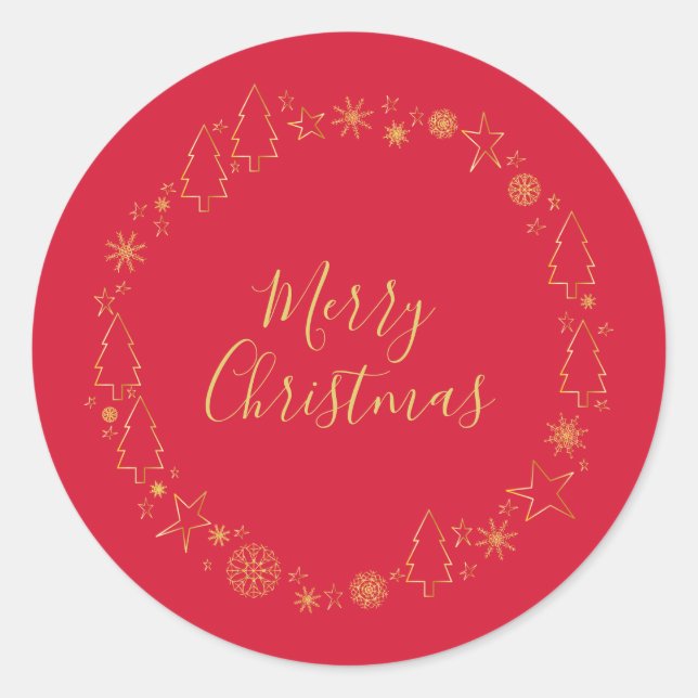 Elegant Red Gold Original Handrawn wreath Classic Round Sticker (Front)