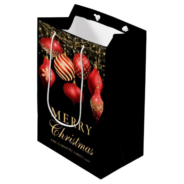 Elegant Red & Gold Ornament Merry Christmas Medium Gift Bag (Front Angled)
