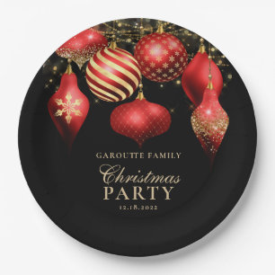 Elegant Red Gold Ornaments Christmas Party Paper Plate