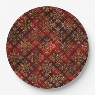 Elegant Red Gold Pattern Christmas Paper Plate