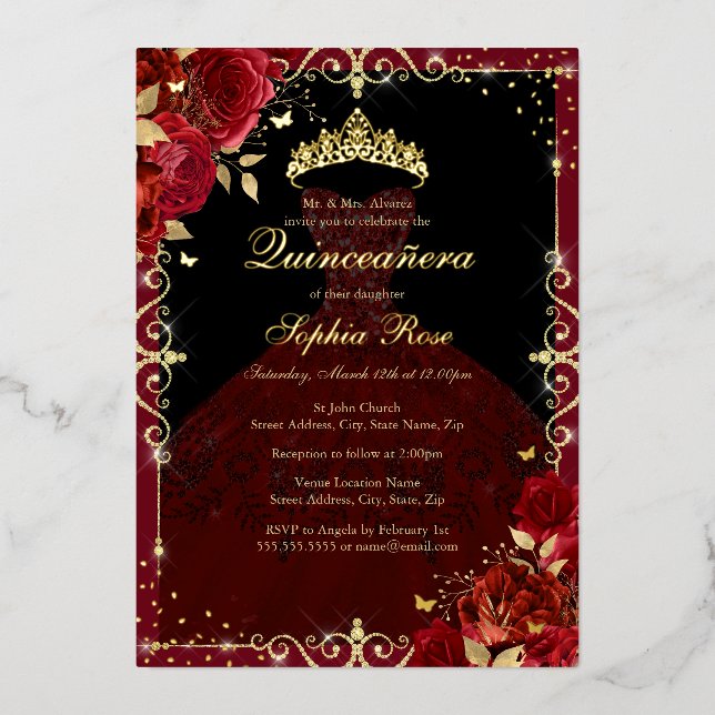 Elegant Red Gold Rose Dress Quinceanera (Front)