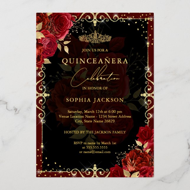 Elegant Red Gold Rose Quinceanera (Front)