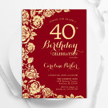 Elegant Red Gold Roses 40th Birthday Invitation<br><div class="desc">Red gold floral 40th birthday party invitation. Elegant design featuring roses,  faux gold foil and typography script font. Trendy invite card perfect for a stylish female bday celebration. Can be customized to any age. Printed Zazzle invitations or instant download digital printable template.</div>